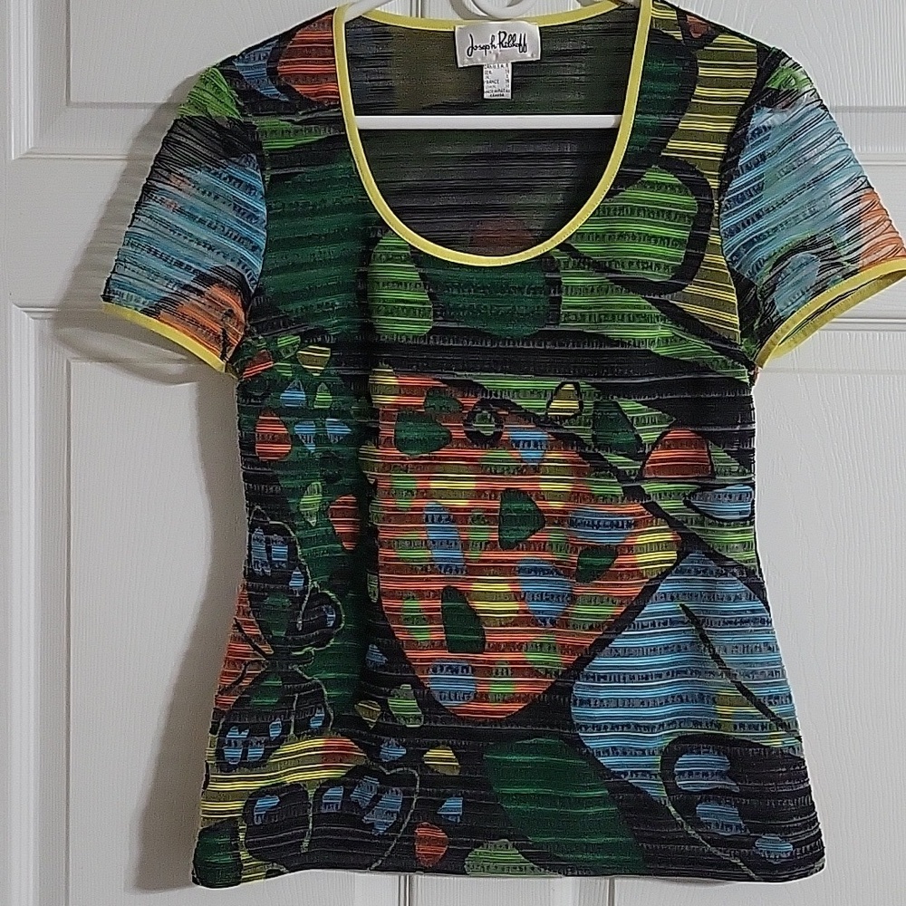 Joseph Ribkoff Semi-Sheer Ribbed Abstract Print Top Size 6 Stretch Y2K